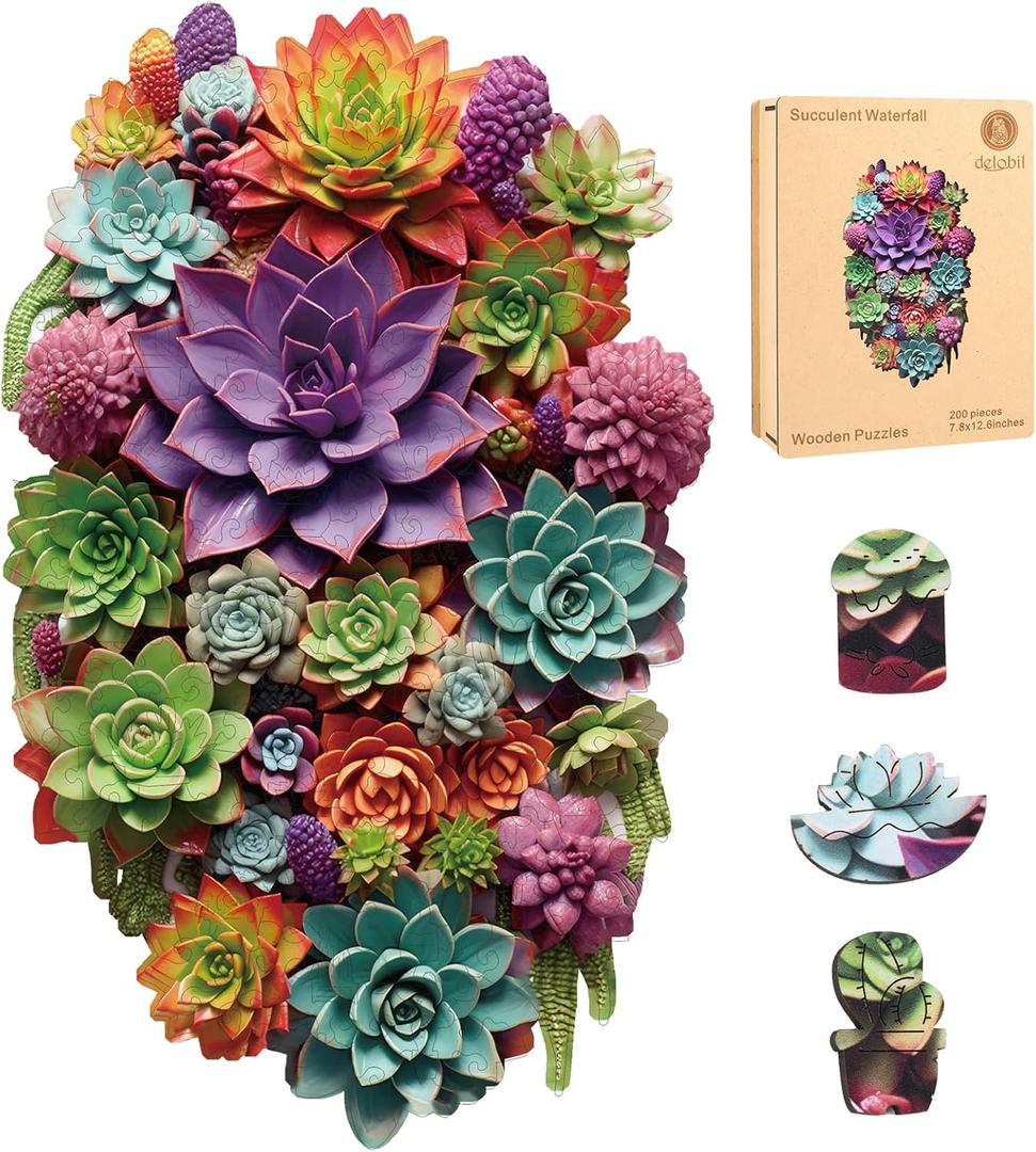 Delobil Puzzles for Adults with Puzzle Saver  Succulent Wooden Puzzle Unique Adult Jigsaw Puzzles Brain Teaser Family Game Gift 200 Pieces 12.6" X 7.8"