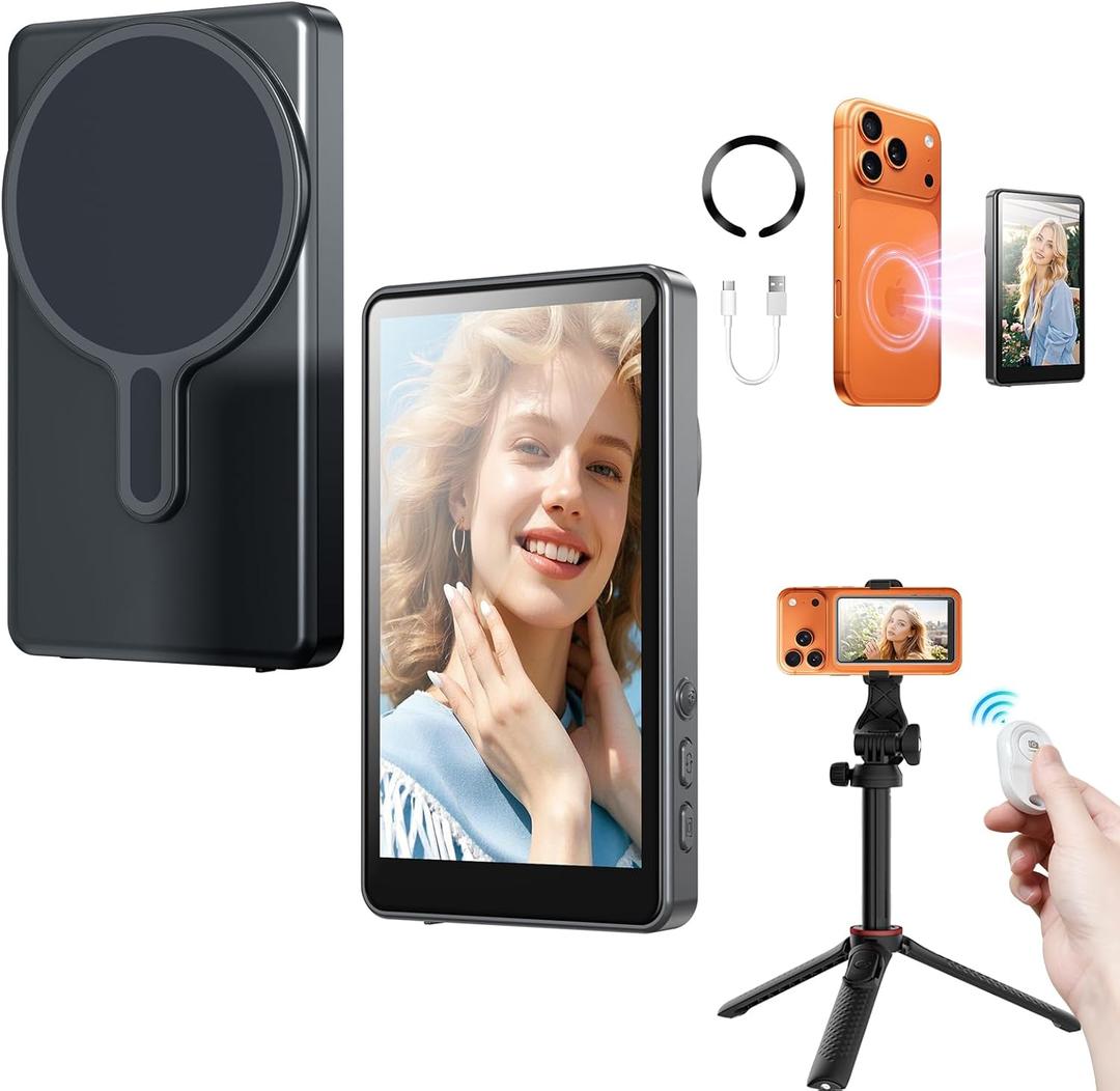 Magnetic Selfie Monitor Screen for iPhone & Android, Wireless 4K/1080p Phone Vlog Back Camera Monitor for Content Creator, Influencer, Live Streaming, TikTok (Black)