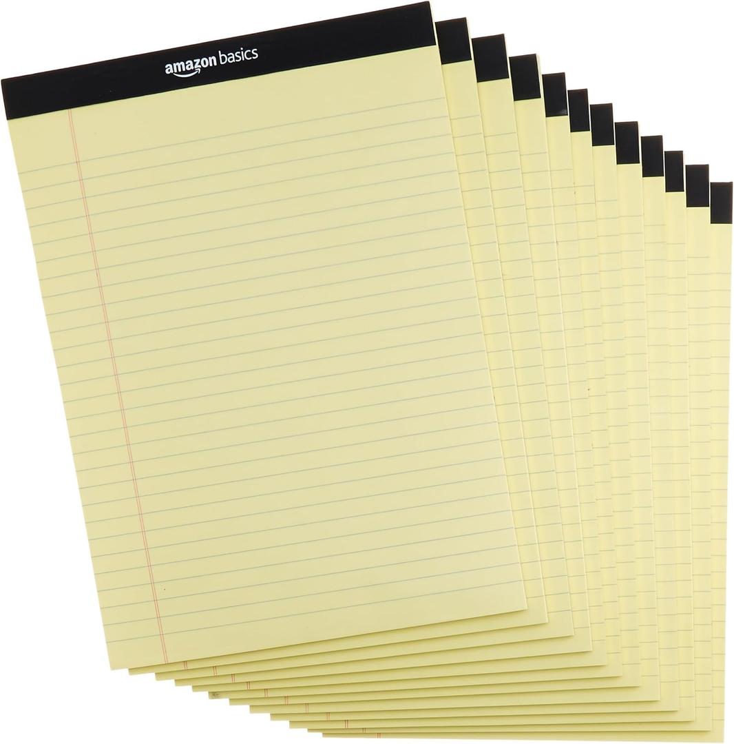 Amazon Basics 50 sheet Wide Ruled Lined Writing Note Pad, 8.5" x 11.75", 12-Pack, 600 Perforated Sheets, Canary