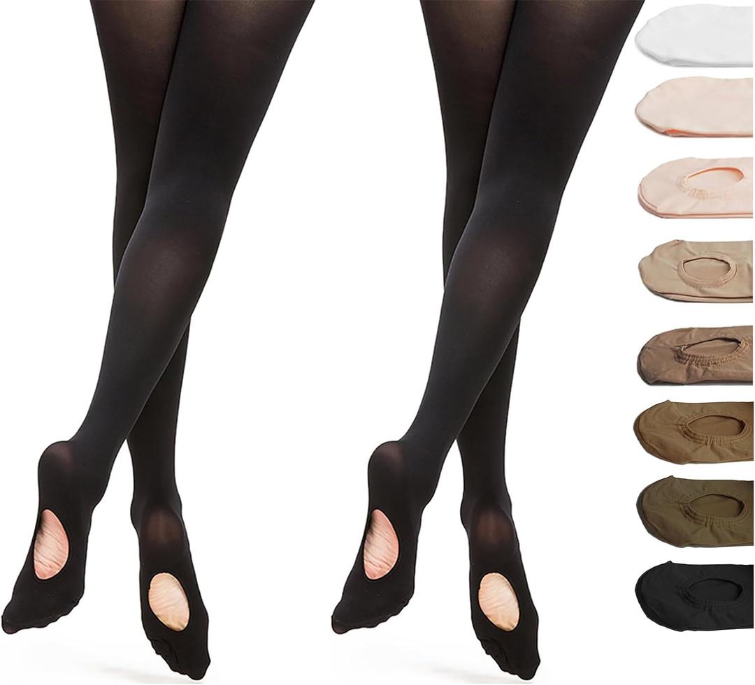 DANCEYOU Dance Tights 2 Pairs Convertible Girls' Ballet Tights Opaque Leggings (Black, XXL)