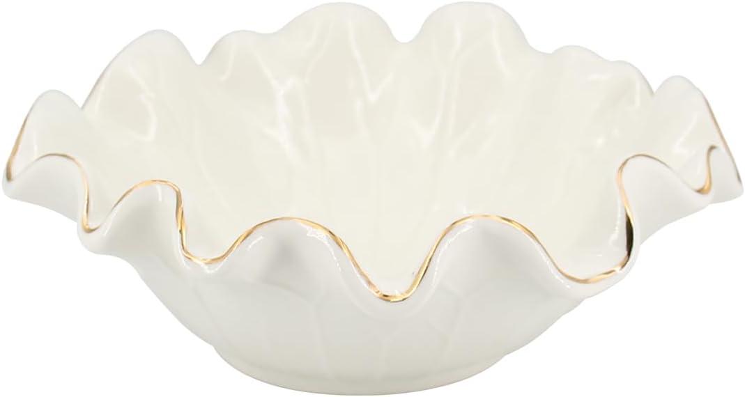 Small White Lotus Ceramic Decorative Bowl,Ruffle Lotus Leaf Decor Bowl with Gold Trim for Coffee Table Counter,Beautifully Catch All Bowl for Keys Coins near Entryways,Capacity about 2 Cups