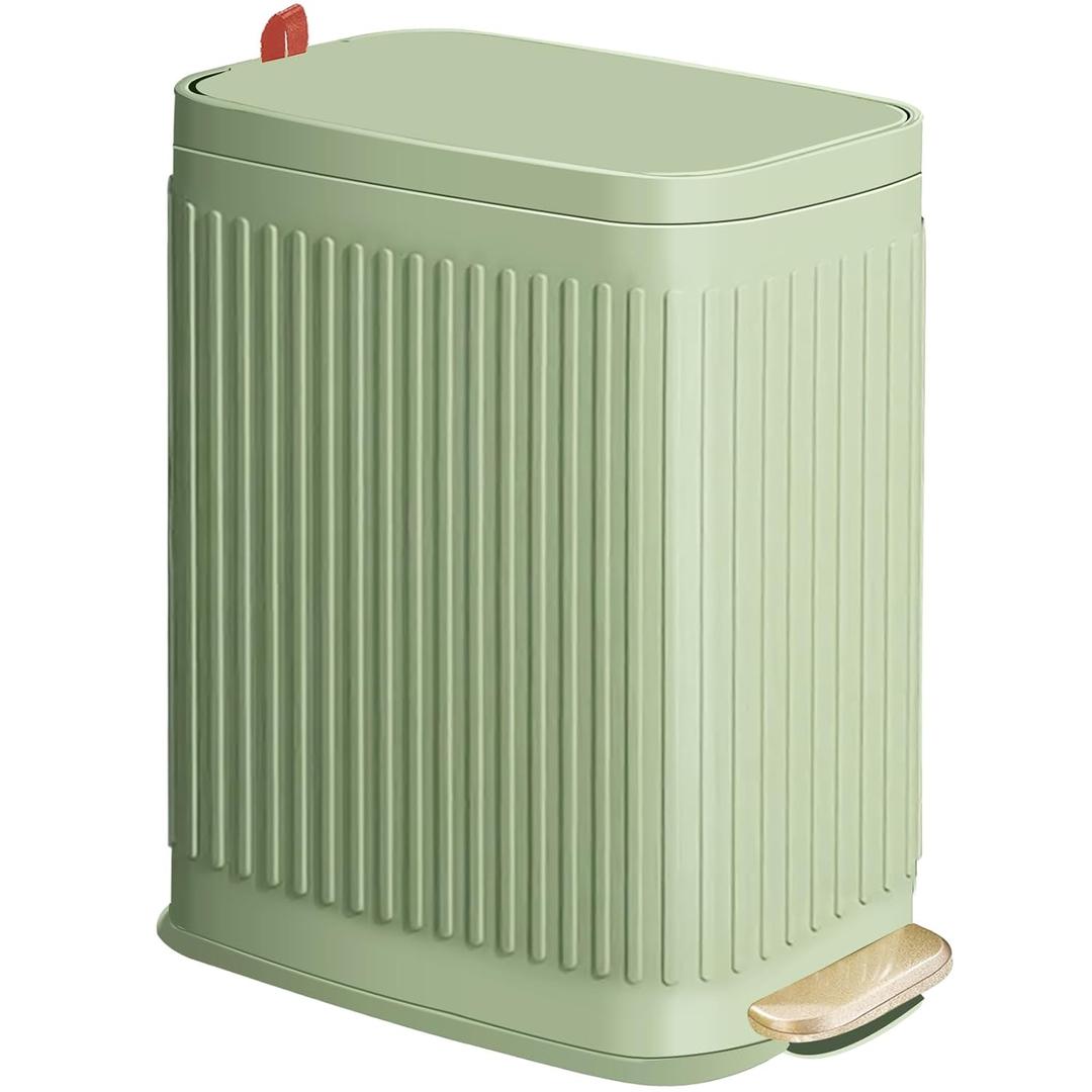Slim Trash Can for Bathroom with Air Freshener Soft Close Lid, 6 Liter/ 1.6 Gallon Stainless Steel Garbage Can with Removable Inner Bucket,Step Pedal, Small Wastebasket for Bedroom, Kitchen (GREEN)
