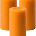 Mister Candle Dripless Unscented Pillar Candles, Set of 3 Hand Poured Orange Pillar Candles, Solid Color Non-Scented Candles for Home Decor, Premium Wax, 80 Hr Burn Time, 3x6 Inch