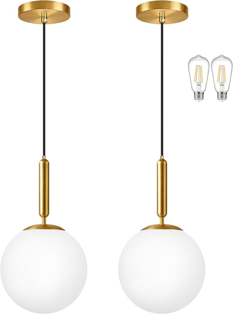 10" Gold Modern Globe Pendant Light 2 Pack Mid Century Pendant Lights with Milky White Glass Hanging Light Fixture for Kitchen Island Dining Room Bedroom Living Room Entryway(Bulbs Incl.)