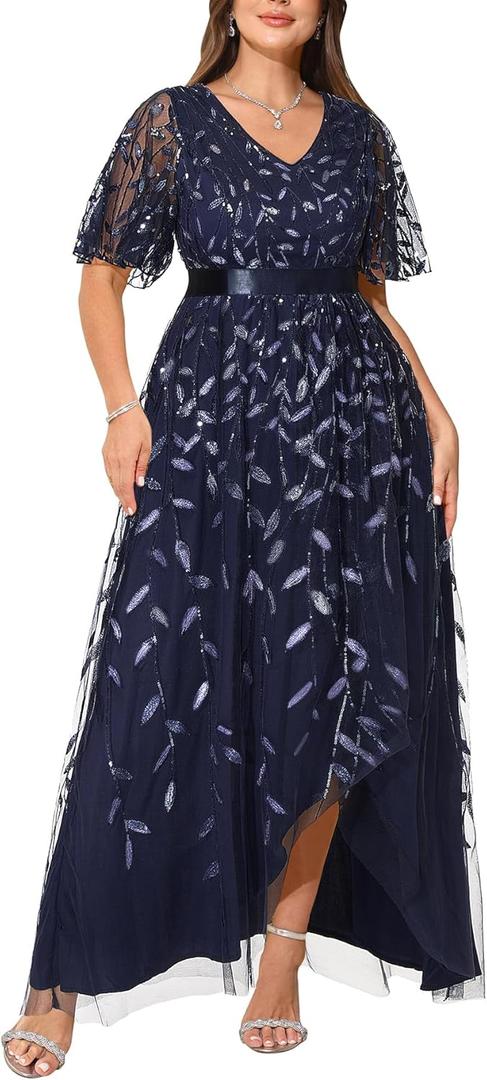 Pinup Fashion Plus Size Formal Dresses - Evening Gowns Sequin Embroidery V-Neck Prom Long Dress with Slit