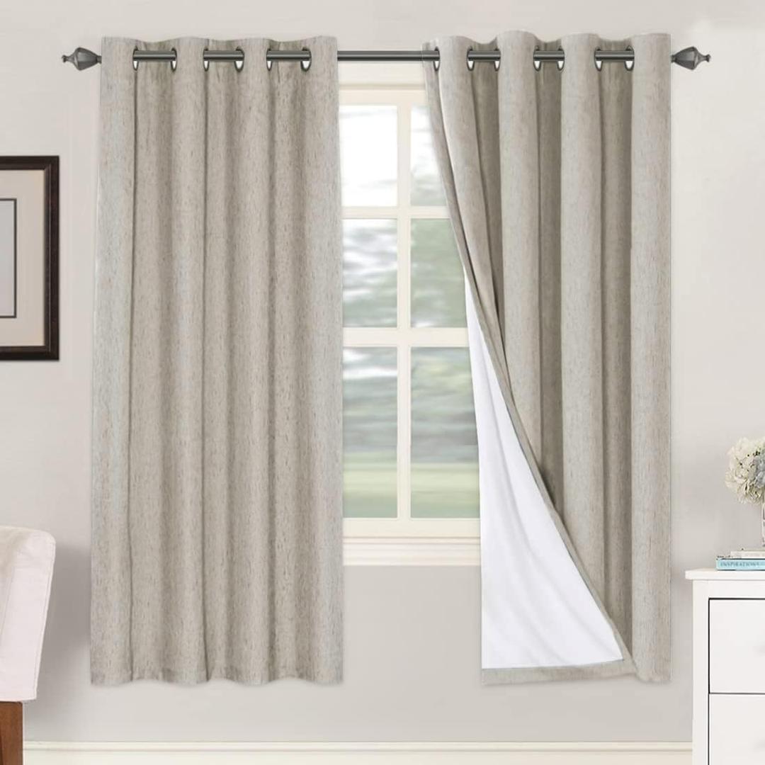 H.VERSAILTEX Linen Blackout Curtains 72 Inches Long 100% Absolutely Blackout Thermal Insulated Textured Linen Look Curtain Draperies Anti-Rust Grommet, Energy Saving with White Liner, 2 Panels, Stone