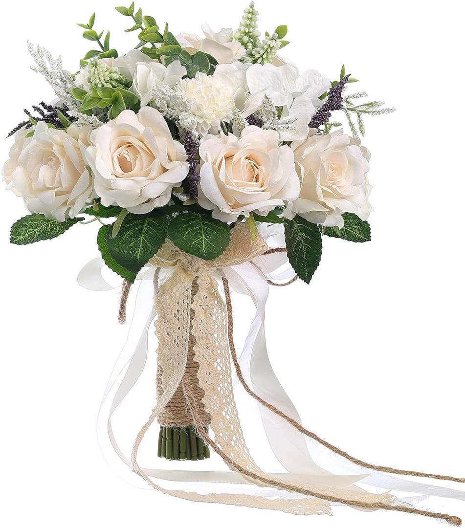 GLIDLION Wedding Bouquets Large for Bride Bridesmaid,White Champagne Artificial Roses Flowers for Wedding Church Decoration (9.5in)