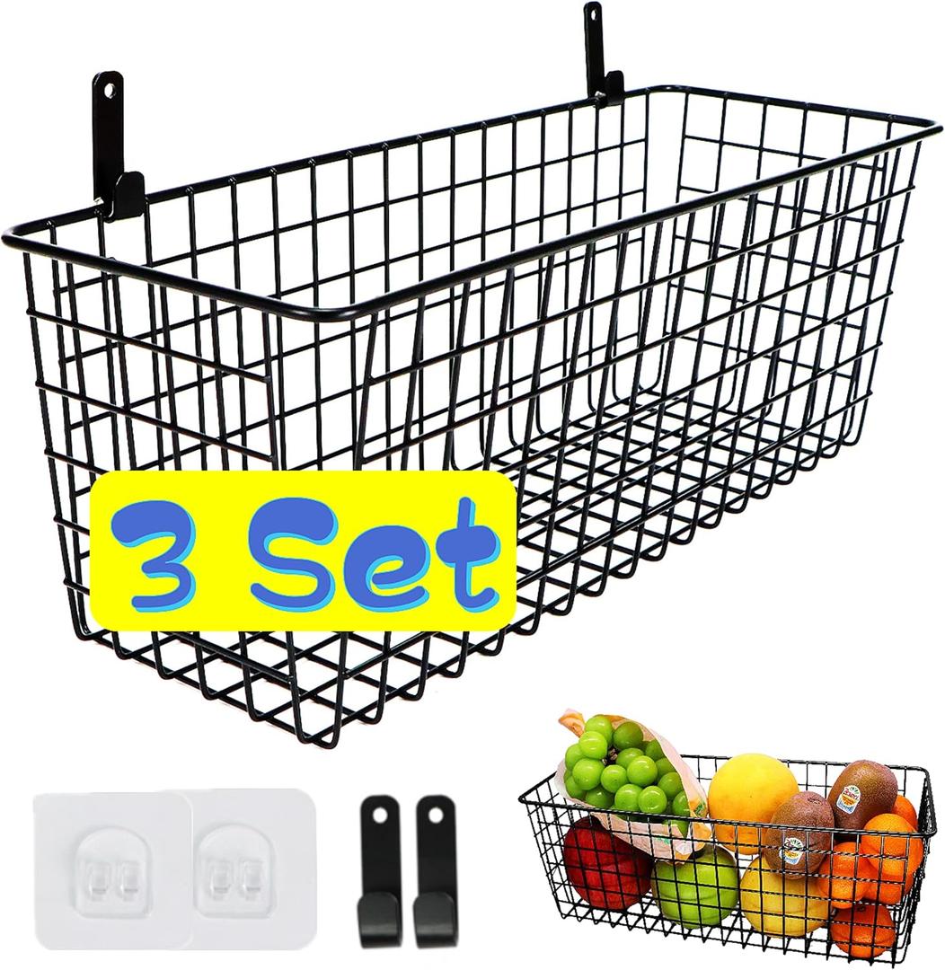 3 Set [Extra Large]Hanging Wall Wire Baskets, Farmhouse Food Storage Kitchen Pantry Laundry Closet Garage RV,Black