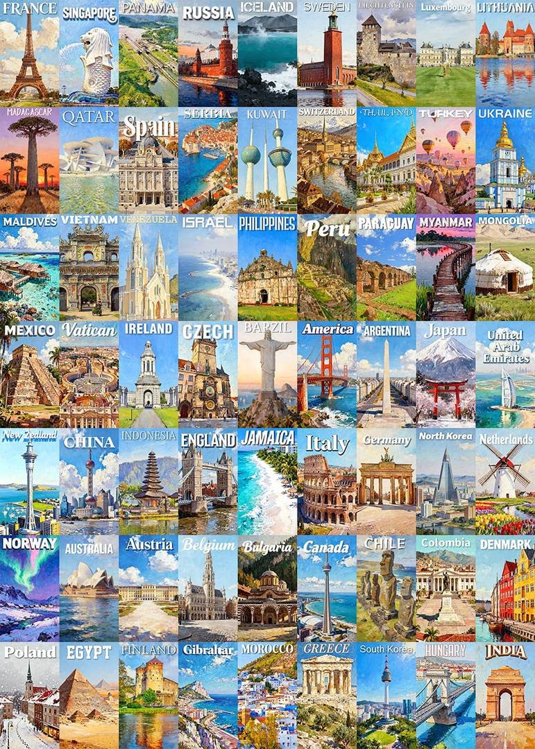Travel Puzzle Jigsaw Puzzles for Adults 1000 Pieces, 63 World Wonders Travel City Jigsaw Puzzle Colorful Wall Art Decor, 5 inches by 10 inches