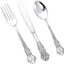 150PCS Silver Plastic Silverware - Heavy Duty Silver Disposable Cutlery - Fancy Plastic Utensils Flatware Include 50 Forks, 50 Spoons, 50 Knives for Catering, Parties, Dinners, Weddings