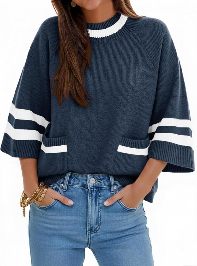 Cicy Bell Womens Oversized Sweater 3/4 Sleeve Mock Neck Color Block Chunky Knit Sweaters Casual Fall Pullover Tops, S
