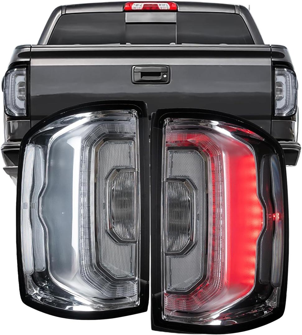 Chrome LED Tail Lights Assembly Fits 2014 2015 2016 2017 2018 GMC Sierra 1500 Rear Taillight Brake Signal Lamp with Bulbs Driver and Passenger Side, Red Lens OE # GM2800295 GM2801295