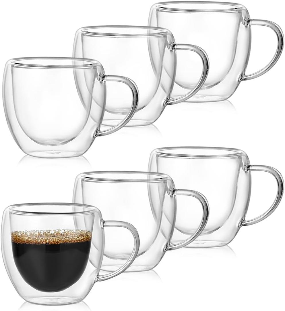 Double Walled Espresso Cups set of 6, 2.7oz Clear Glass Coffee Mugs, Double-layer Insulated Coffee Cups, Suitable for Espresso, Americano, Tea Bags, Beverage