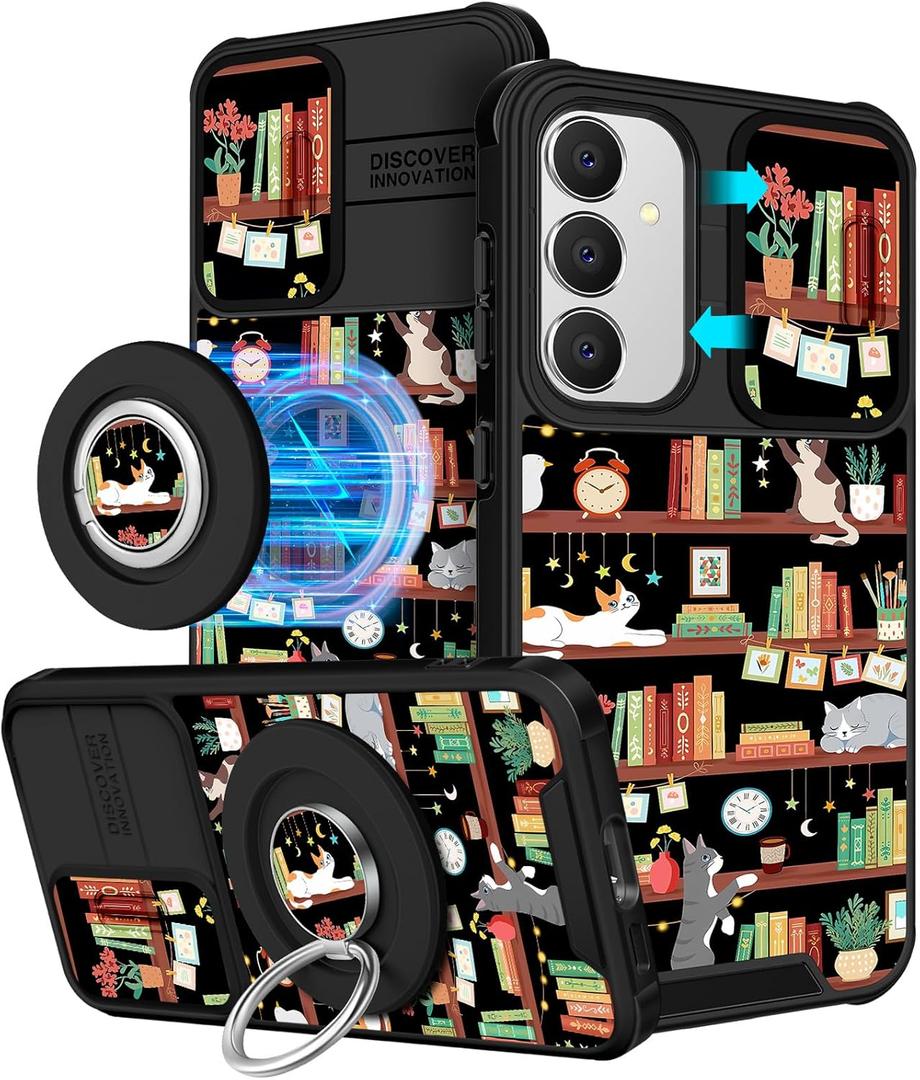 for Samsung Galaxy S25 Plus/S24 Plus Case - [2in1] Women Cute Girls Phone Cover Girly Aesthetic Cat Book Unique Design Camera Cover Compatible with MagSafe Ring Holder Stand Funda