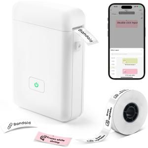 Label Maker Machine with Tape, HP2-S Portable Bluetooth Label Printer, Mini Wireless Labeler Makers with Multiple Templates, Fits Home, School, Office, Kitchen - White
