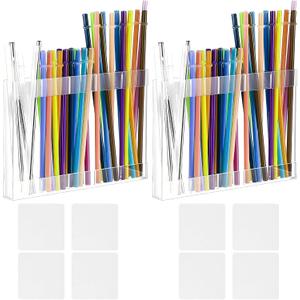 2PCS Straw Holder for Cabinet Door, Acrylic Straws Organizer Transparent Storge Container for Kitchen Counter Cupboard, Straws Storage Dispenser with Double-Sided Tape