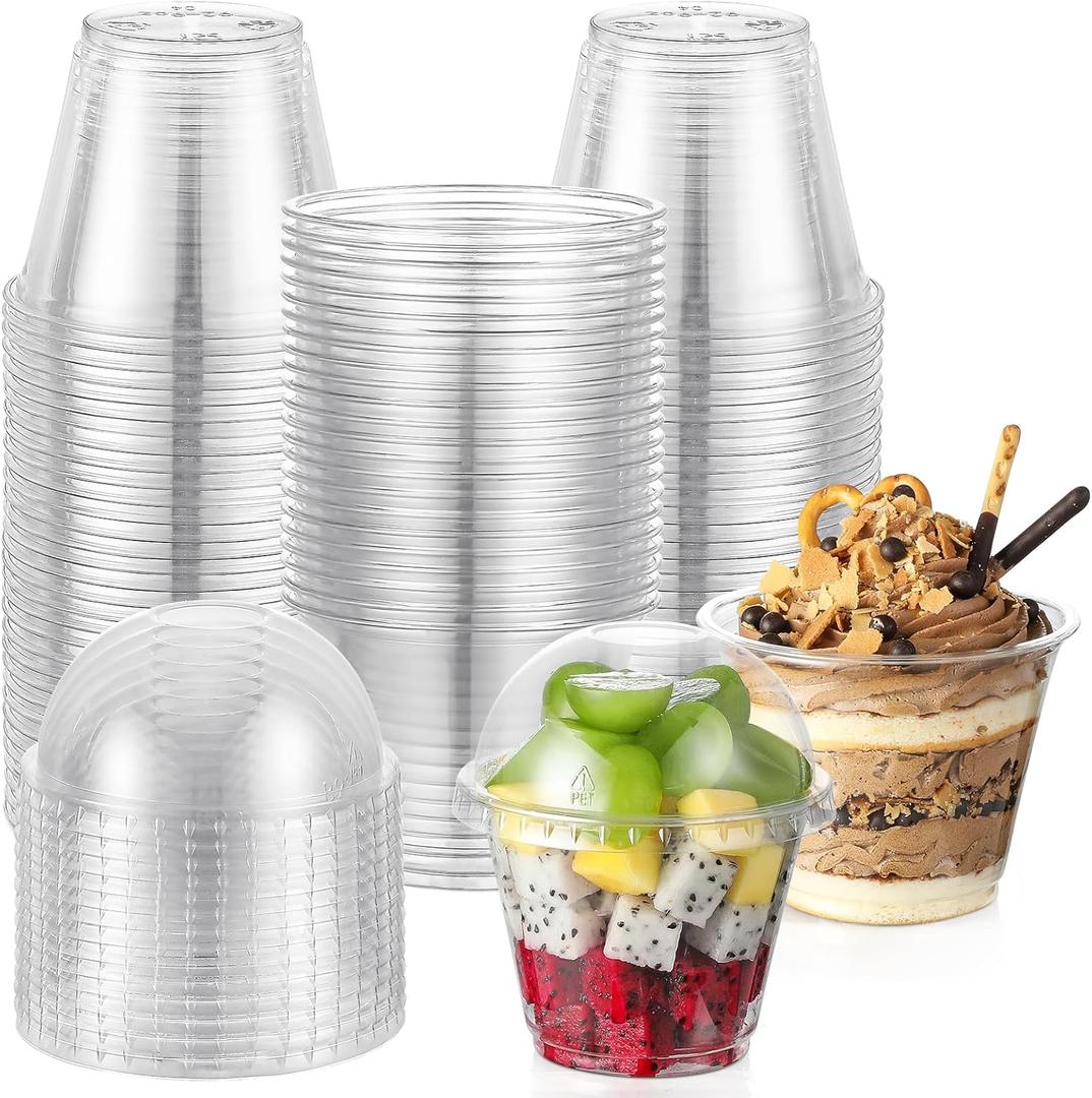 AOZITA 100 Sets, 9 oz Clear Plastic Cups with Dome Lids (No Hole) - Disposable Cups for Ice Cream,Cake,Fruit,Parfait, Dessert, Pudding and Jello Shot