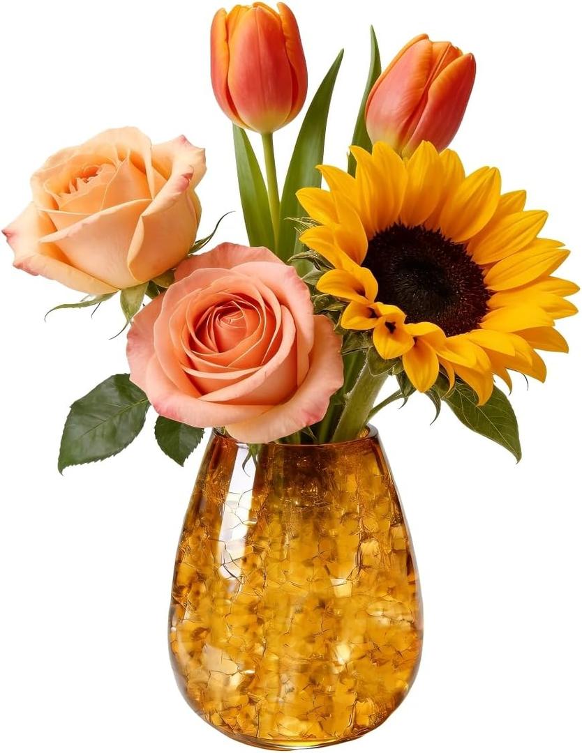 WF Amber Crackle Glass Vase, 8.6 Inch Wide Mouth Decorative Flower Vase for Home Decor, Table Centerpiece, Living Room & Kitchen, Modern Farmhouse Style