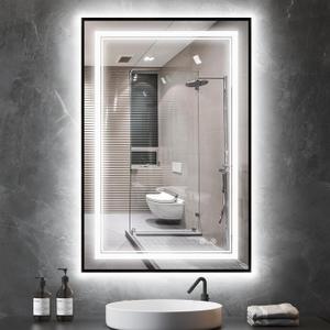 LED Bathroom Mirror with Front and Backlit 24"x36", Black Frame, Wall Mounted, Dual LED Strips, Fogless, Dimmable, 3 Color Changing, Shatterproof, Horizontal/Vertical