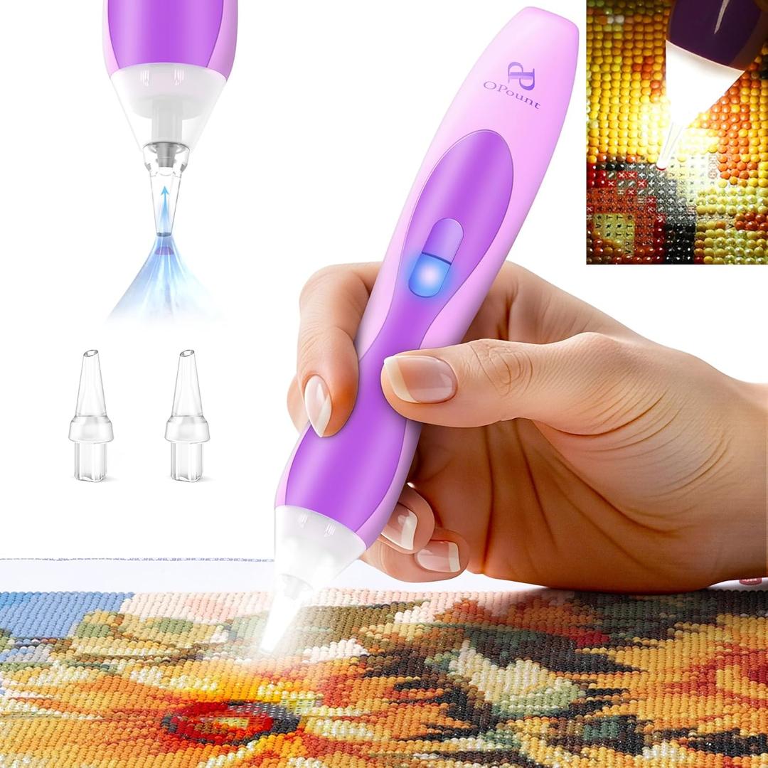 Electric Diamond Art Pens with Light, Diamond Art Kits for Adults, Wireless, Rechargeable, 3 Brightness Levels, Ergonomic Grip and Extra Tips, Quiet Suction Diamond Painting Pen (Single Drill Tips)