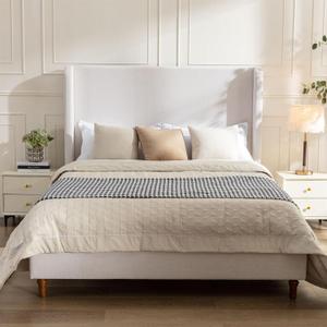 King Size Textured Canvas Bed Frame with 54" Tall Headboard - Ivory Wingback Upholstered Platform Bed Elegant Simplicity Bedroom Furniture Strong Mattress Wood Slats Support No Box Spring Needed