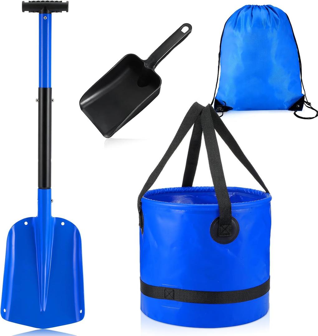 4 Pcs Beach Sand Castle Tools Kit Include Big Collapsible Aluminum Sand Shovel, 16 L Foldable Bucket, Super Scoop and Drawstring Pocket for Adults Summer Build Sandcastles