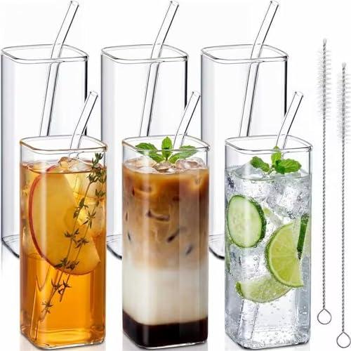 Inbagi 6 Pcs Square Drinking Glasses with Glass Straws 15.6 oz Highball Cups Clear Kitchen Glassware Elegant Bar Bottles for Water, Wine, Juice, Cocktail, Coffee and Mixed Drinks