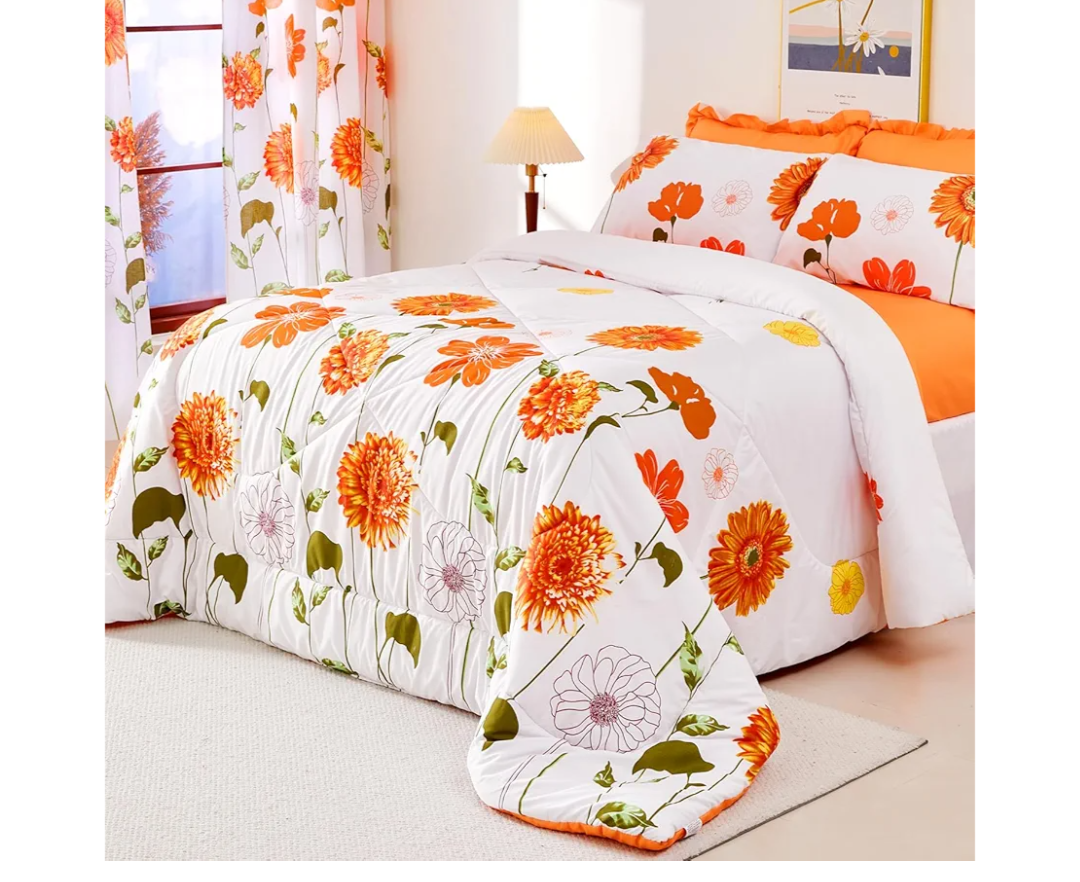 EVENHUG Queen Comforter Set 7 Pieces Reversible Queen Size Comforters for All Season Orange Sunflower Floral Bedding Sets Bed in a Bag with Flat Sheet and Fitted Sheet,Pillowcases & Shams (88"x88")