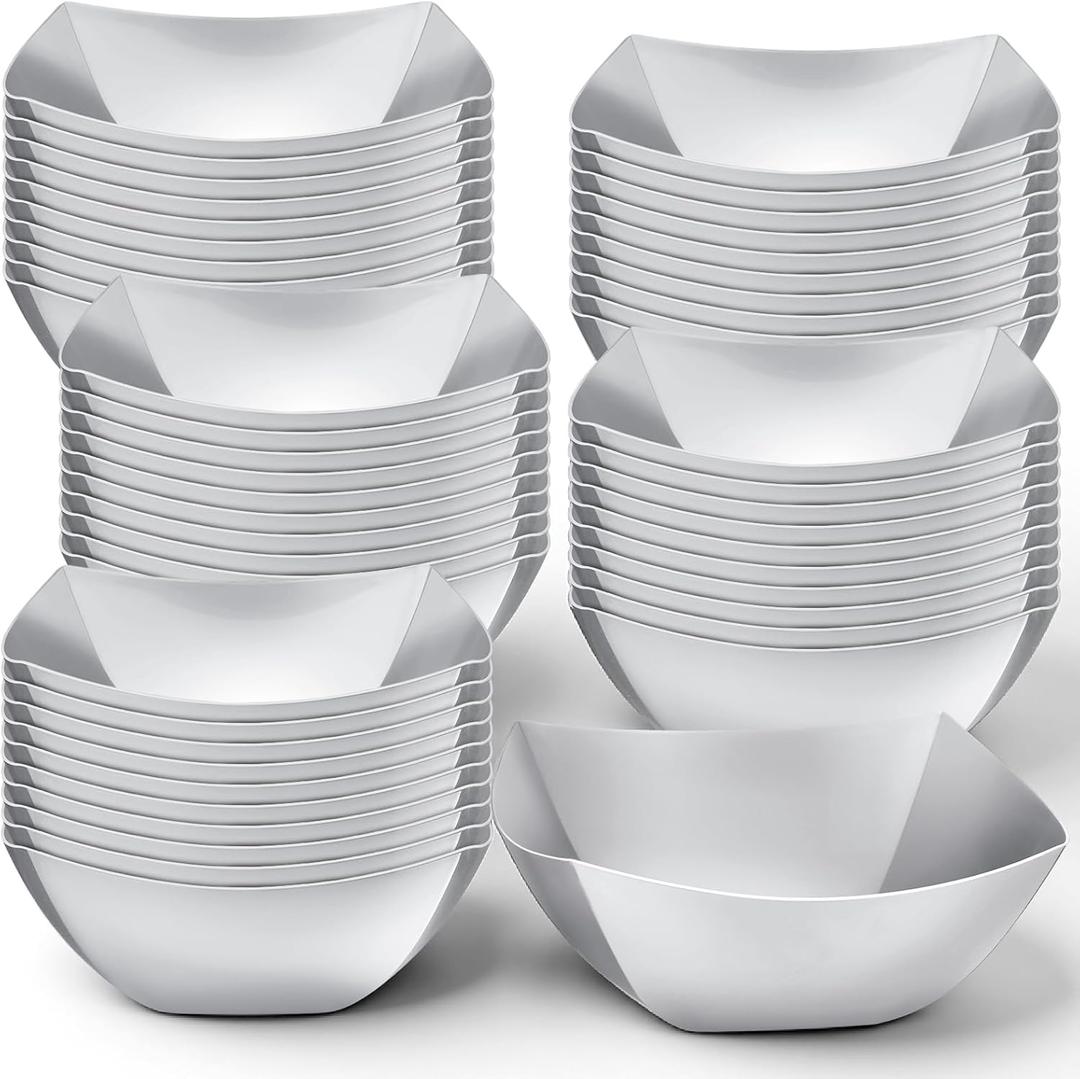 Tanlade 50 Pcs Square Plastic Serving Bowls Disposable Snack Salad Bowl Small Party Candy Bar Containers Taco Bar Serving Dishes for Buffet Chips Fruit (8 oz,Silver)