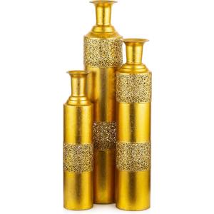 Sziqiqi Metal Floor Vase Gold Large Vases - 32/27/22in Decorative Tall Vase Set of 3 for Home Decor Vintage Big Flower Vases Stand for Twigs Branches Dried Flowers Antique Shabby Vase for Living Room
