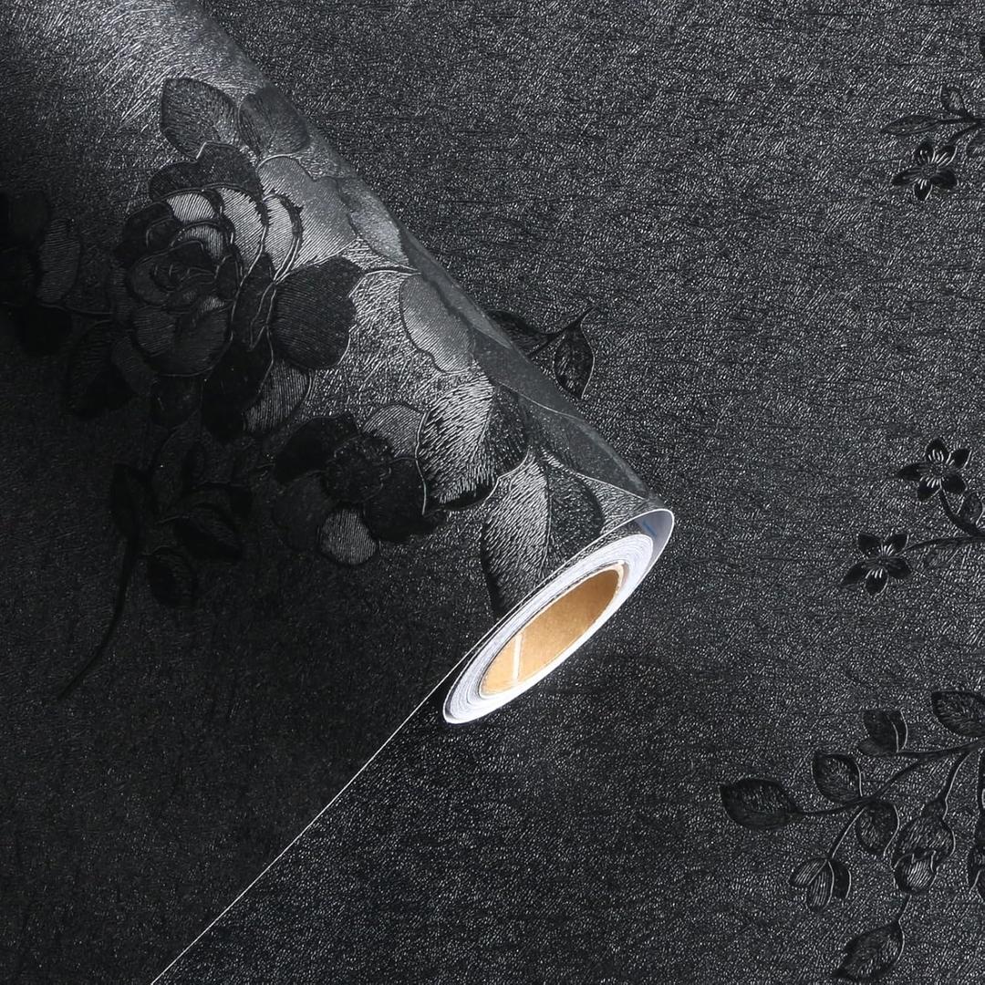 Black Floral Wallpaper, 17.7 x 196.8 in Peel and Stick Waterproof Self Adhesive Wall Paper, Removable Vintage Black Floral Embossed Contact Paper for Cabinets Drawers Kitchen Countertop Wall