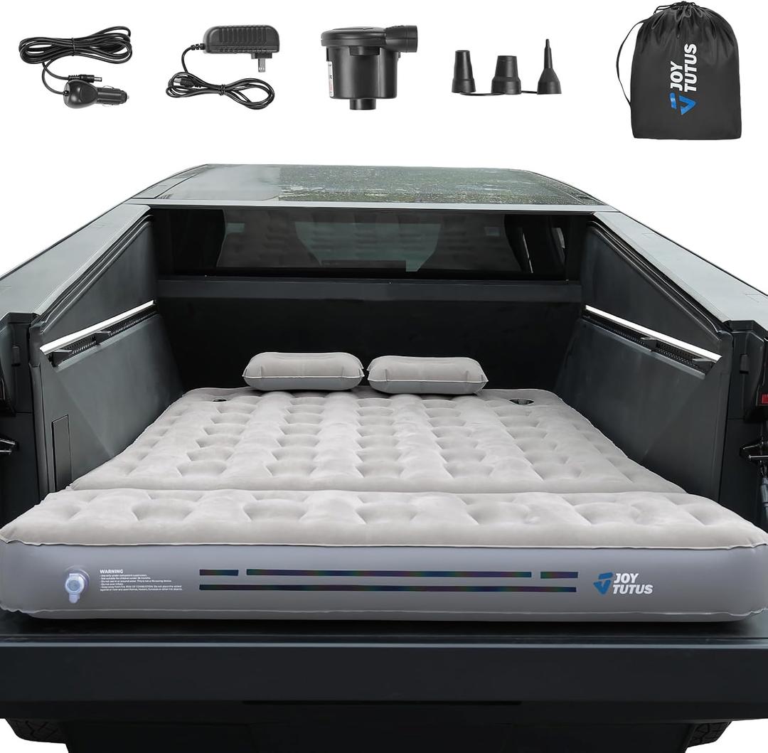 JOYTUTUS Truck Bed Air Mattress with 2 Pillows for Cybertruck Accessories Custom Fit Inflation Camping Air Bed with Built-in Pump & Carry Bag- Grey
