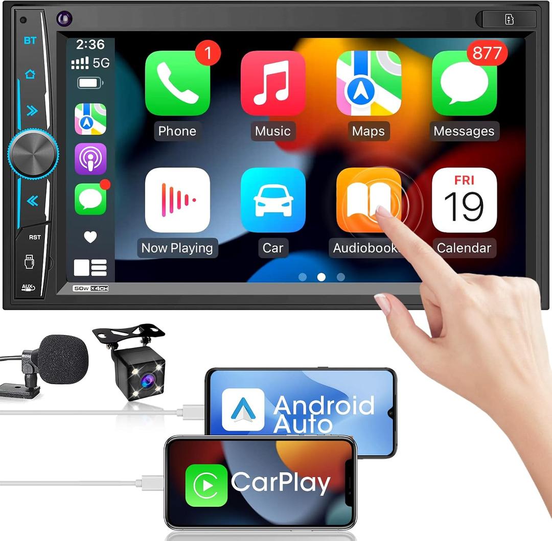 Car Stereo Carplay Android Auto: Double Din Car Radio 7 Inch HD Capacitive Touchscreen Bluetooth Car Audio Receiver LCD Display | Mirrorlink | Backup Camera | USB SD A/V Input | AM FM Radio