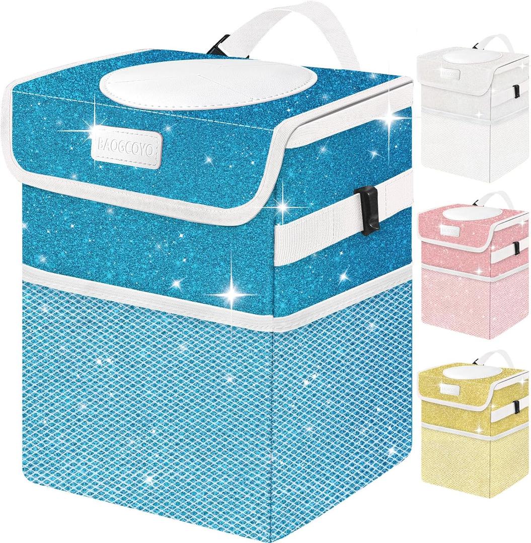 BAOGCOYO Car Trash Can for Car, Cute Mini Car Trash Bag with Lid, Glitter Car Garbage Can Bin Hanging for Back/Front Seat/Console, Waterproof, Leakproof, 2.5 Gallon, Blue Bling Sparkly