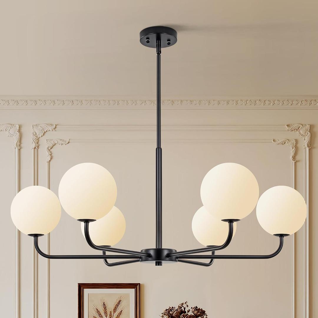 6-Light Mid Century Sputnik Chandelier , 35.4‘’Black Modern Pendant Light with Frosted Globe Shades, Height Adjustable & Fits Flat/Sloped Ceilings for Dining Room Living Room Kitchen Island Foyer