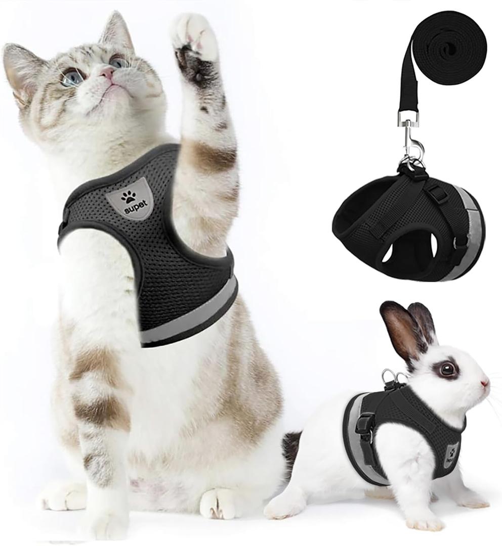 Supet Cat Harness and Leash Set - Soft Mesh Adjustable Cat Vest Harness with Reflective Strap for Walking Cat and Puppy Rabbit (M (Chest: 12.5" - 15.5"), Black)