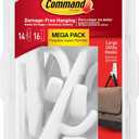 Command 5 lb Large Utility Hooks, 14 Hooks and 16 Strips, Damage-Free Hanging Wall Hook with Adhesive Strips, No Tools Required, Great for Home Kitchen Office Organization (White)
