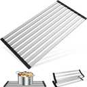 23.6" x 12.8" Roll-Up Dish Drying Rack Over Sink - Kitchen Sink Cover and Organizer Gadget with Foldable Stainless Steel Drainer and Sink Mat, Silver Dish Rack - Large