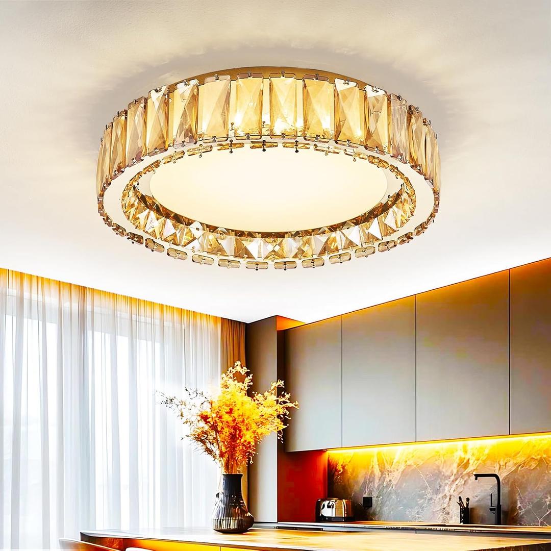 Amber Crystal Dimmable Flush Mount Ceiling Light, Gold Modern LED Close to Ceiling Light Fixture with 5CCT 2700K-6000K, Round Kitchen Lighting for Bedroom,Laundry Room, Hallway, Living room (15in 36W)