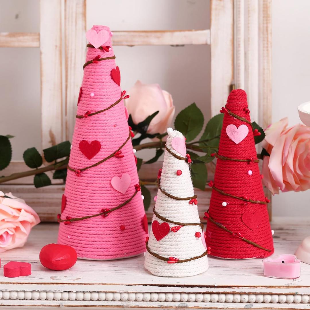 Kathfly 3 Pcs Valentines Tree Table Decor Artificial Cone Trees Decoration with Heart Decor Red Pink White Valentine's Day Table Centerpiece for Galentines Day Gifts Anniversary Home Tiered Tray