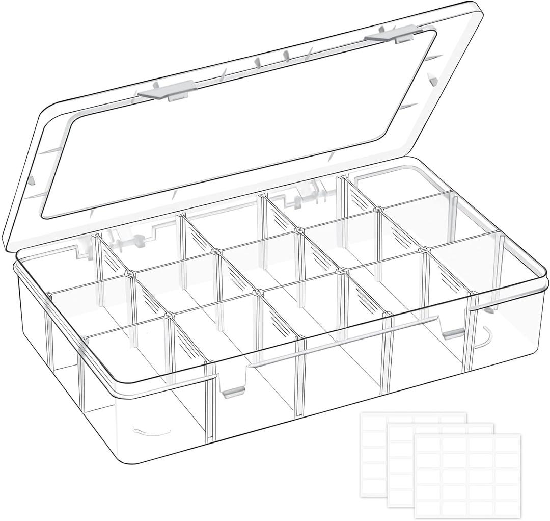 Mauproy 15 Grids Large Plastic Organizer Box with Adjustable Dividers, Clear Craft Organizer and Storage Tackle Box Compartment Container with Label Stickers for Beads, Jewelries, Tools