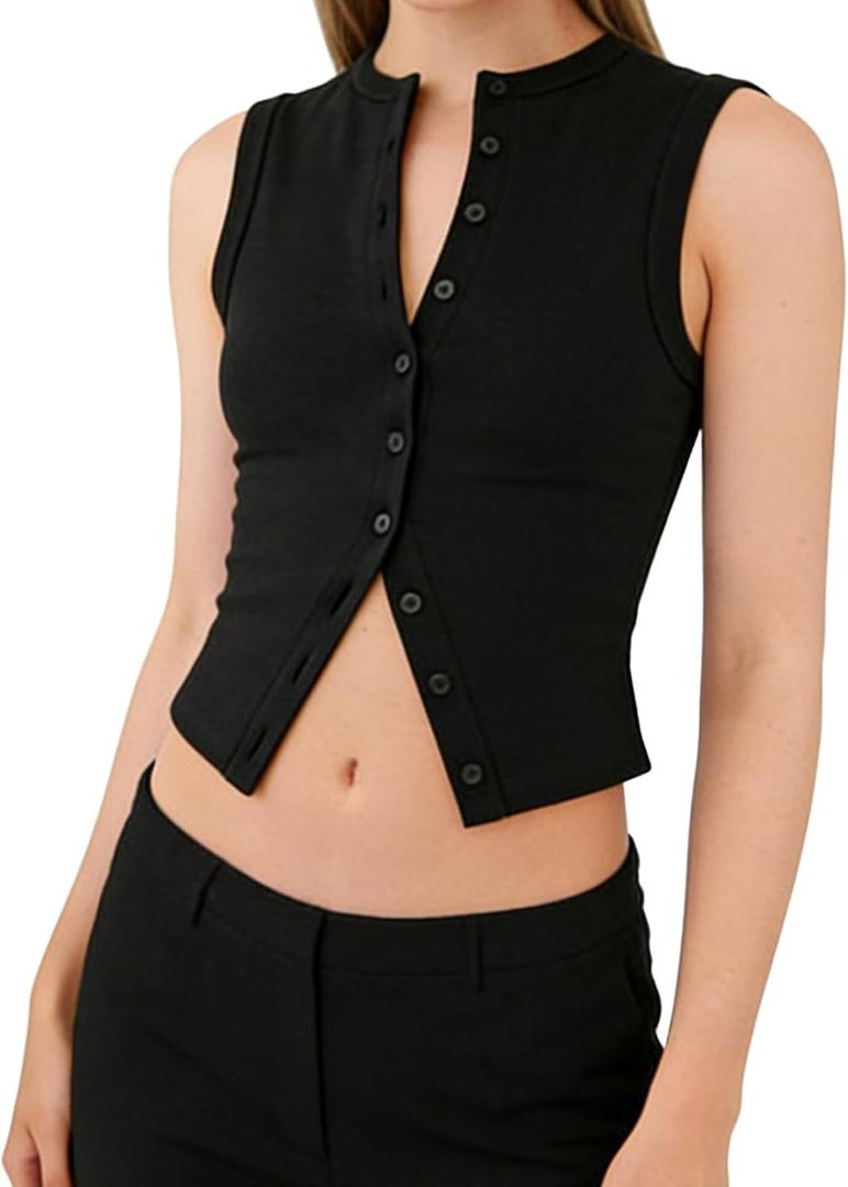 Women Button Down Tank Tops Casual Ribbed Sleeveless Crop Vest Top Going Out Tops Open Front Slim Fit Dressy Top (Black, M)
