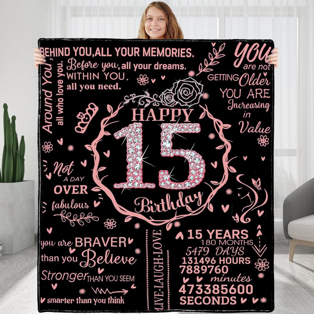 15th Birthday Blanket Gifts for Girls - Happy 15th Birthday Gift Ideas for Her - 15 Year Old Gifts for Daughter Sister Bestie - Personalized Flannel Fleece Soft Throw Blanket (80" x 60") 15th Birthday Blanket Gifts for Girls - Happy 15th Birthday Gift Ideas for Her - 15 Year Old Gifts for Daughter Sister Bestie - Personalized Flannel Fleece Soft Throw Blanket (80" x 60")