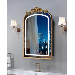 20"x30" LED Bathroom Medicine Cabinet with Mirror and Lights, Bronze Hand-Painted Baroque Bathroom Storage with Mirror, Recessed / Wall Mounted, Dimmable 3 Color Lighting Anti-fog ( with 1 Organizer), Frame:20"x30"