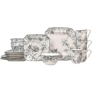 222 Fifth Adelaide Grey 16-Piece Floral Porcelain Dinnerware Set | Microwave and Dishwasher Safe Dining Set for 4 | Stackable and Chip-Resistant Plates Bowls and Cups | Gift for Housewarming & Wedding
