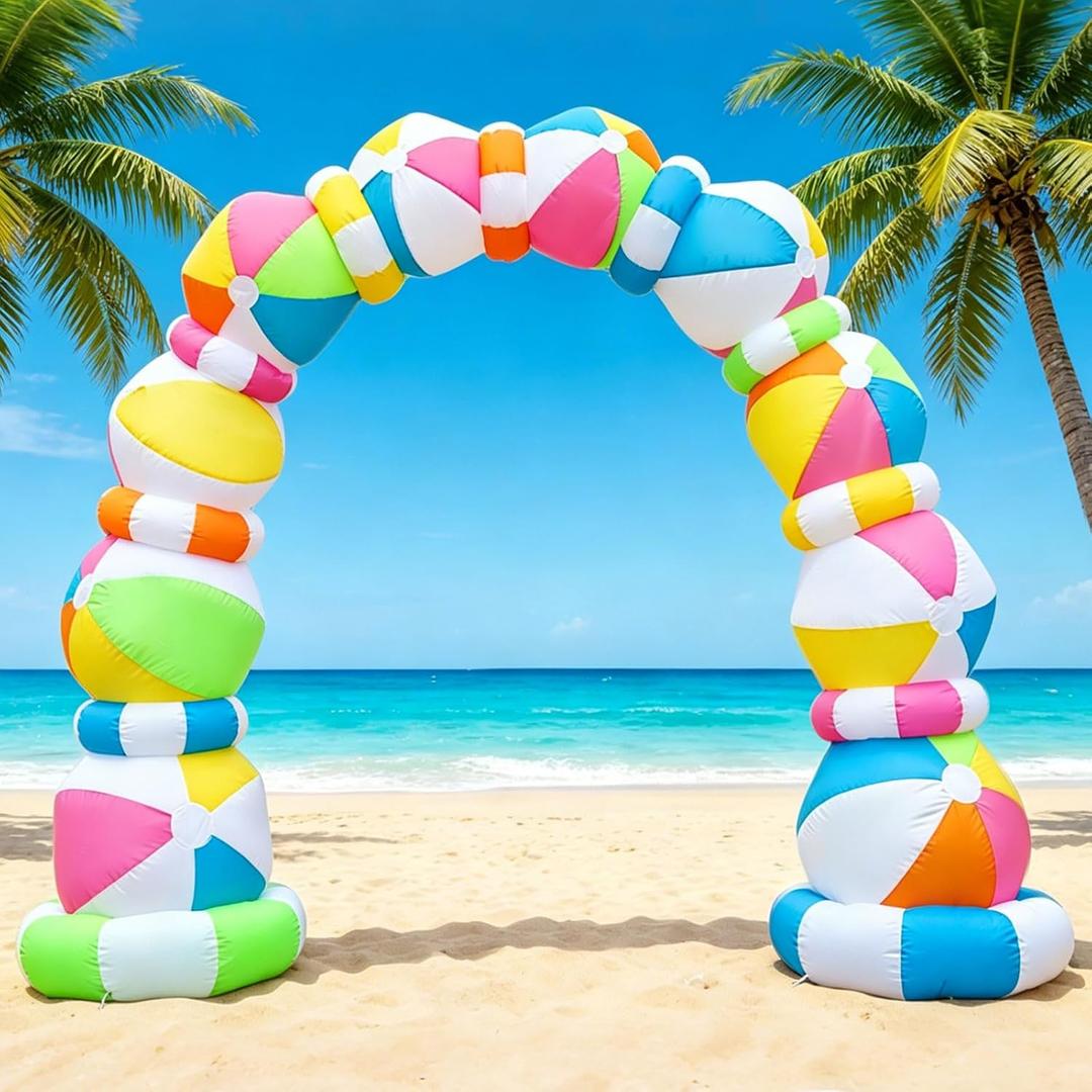8 FT Inflatable Beach Ball Arch, Summer Inflatable Outdoor Decorations, Blow Up Beach Ball Archway with Built-in 8 LED Lights for Pool Beach Luau Party Yard Garden Photos Backdrop
