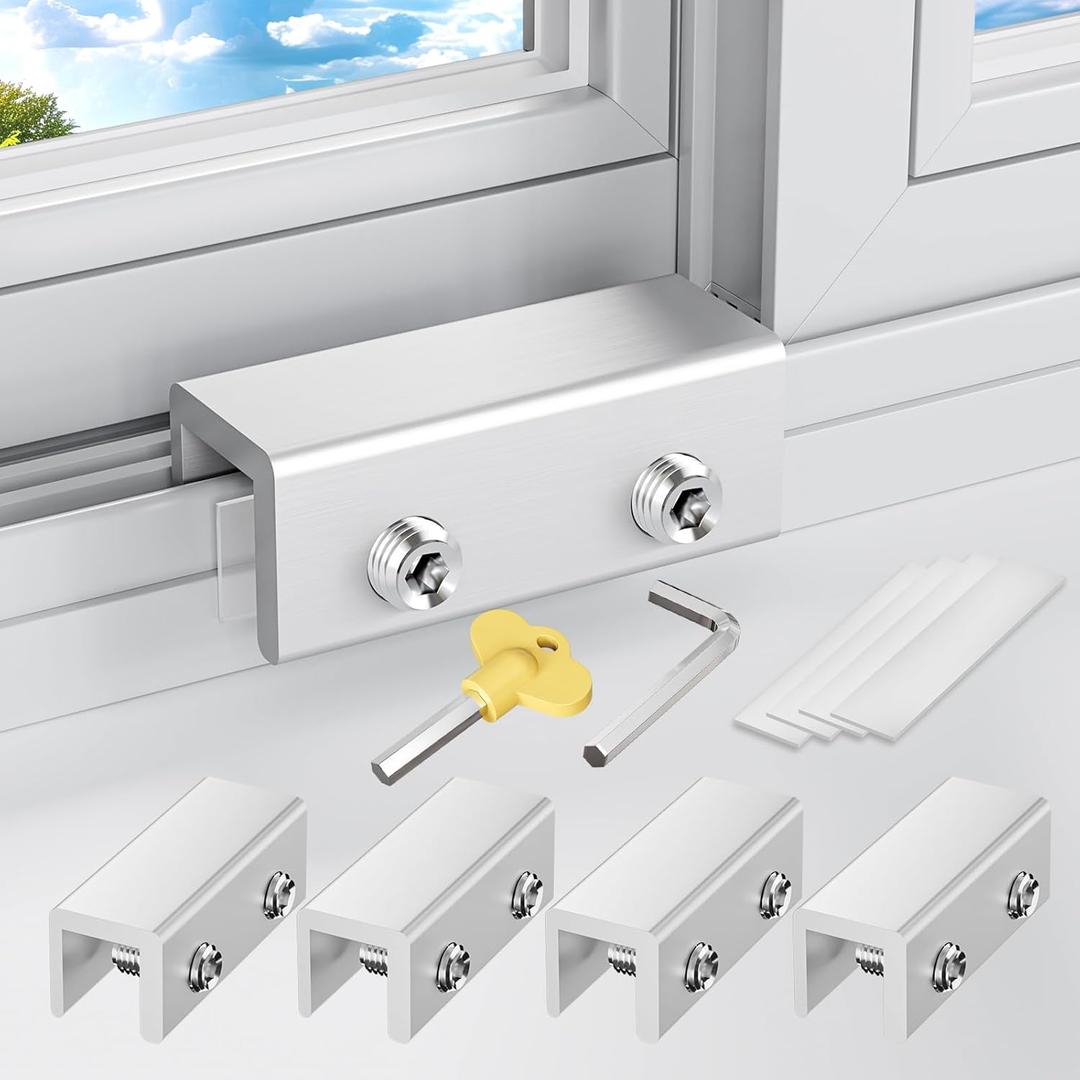 Window Locks,4 Sets Sliding Window Lock with Key, Window Locks for Up and Down Windows, Easy to Install Vertical & Horizontal Window Security Locks,Adjustable Aluminum Sliding Window Lock(Silver)