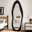 Full Length Mirror, 63"x24" Full Body Mirrors, Flannel Floor Mirrors with Stand, Irregular Wavy Mirror Hanging or Leaning Against Wall for Bedroom Living Room, Black