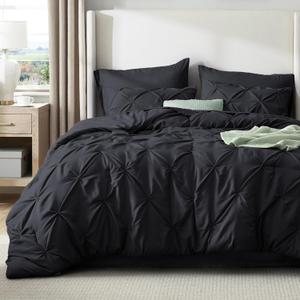Bedsure Oversized King Comforter Set Black - Bed in a Bag Bedding Set 7 Pieces, GentleSoft Pintuck Bed Set Gift for Family, Pinch Pleat Black Comforter with Sheets, Pillowcases & Shams
