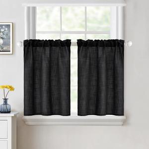 MIULEE Halloween Cafe Curtains 30 Inch Length Half Window Curtain Semi Sheer Farmhouse Short Linen Drapes for Kitchen Bathroom Basement Small Window, Rod Pocket Tier Curtains 2 Panels W26XL30, Black